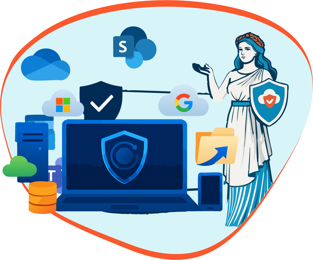 Futuristic illustration of backup and disaster recovery with shield, servers and cloud failover