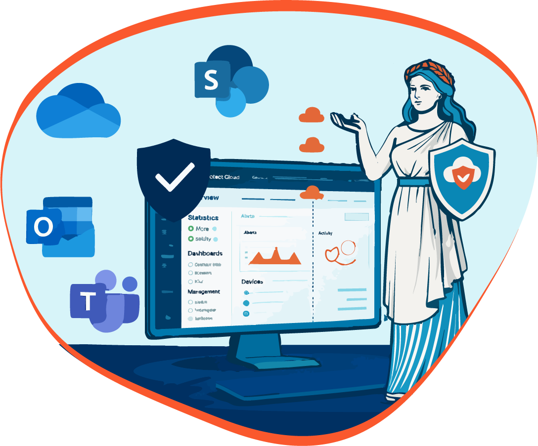 Illustration of Microsoft 365 protection shield with backup, storage, archiving, and security layers